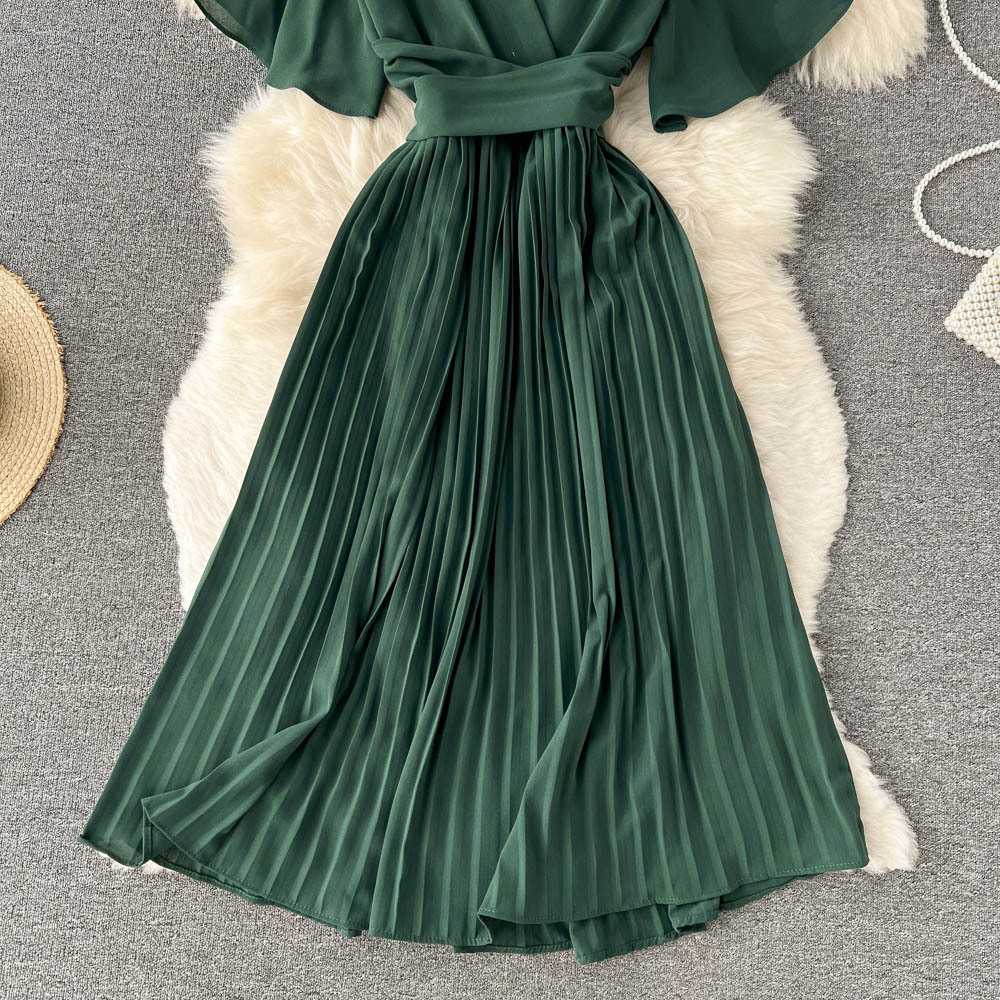 French pleated slim long holiday style chiffon pleated long skirt pure color temperament V-neck dress
