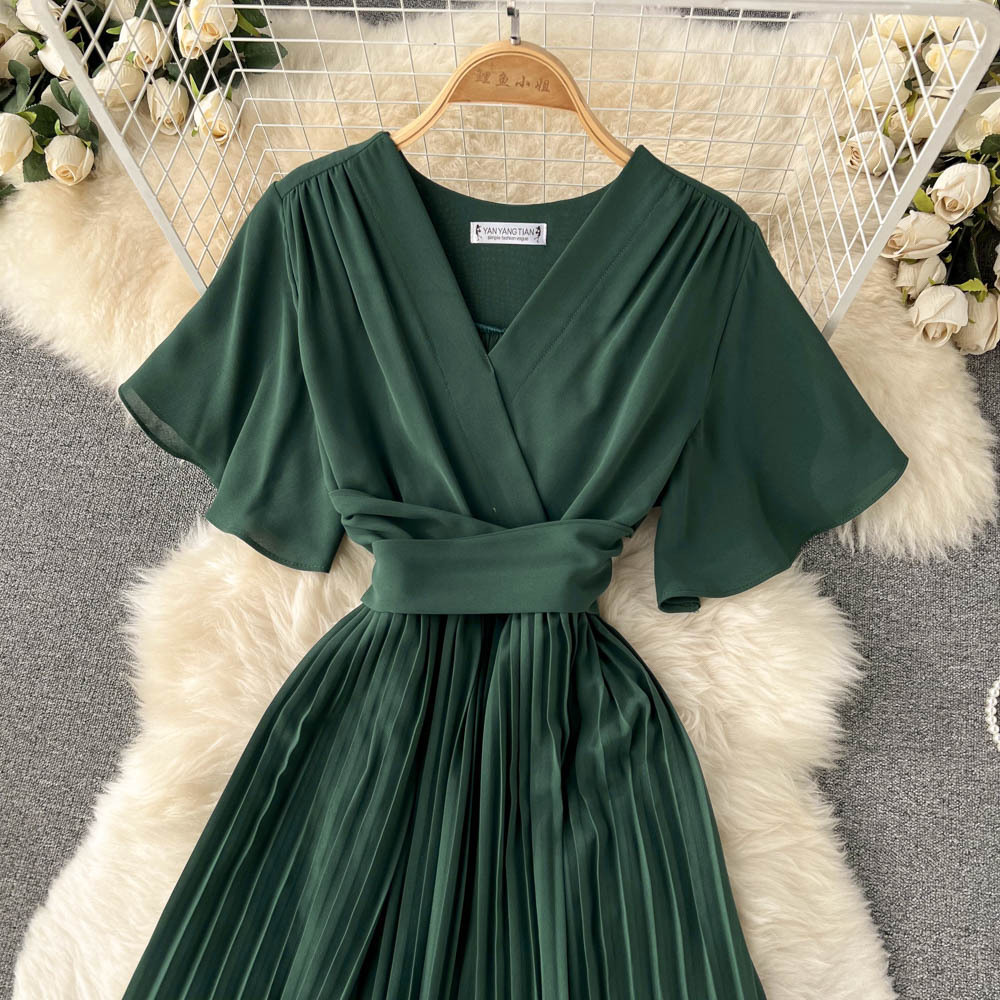 French pleated slim long holiday style chiffon pleated long skirt pure color temperament V-neck dress