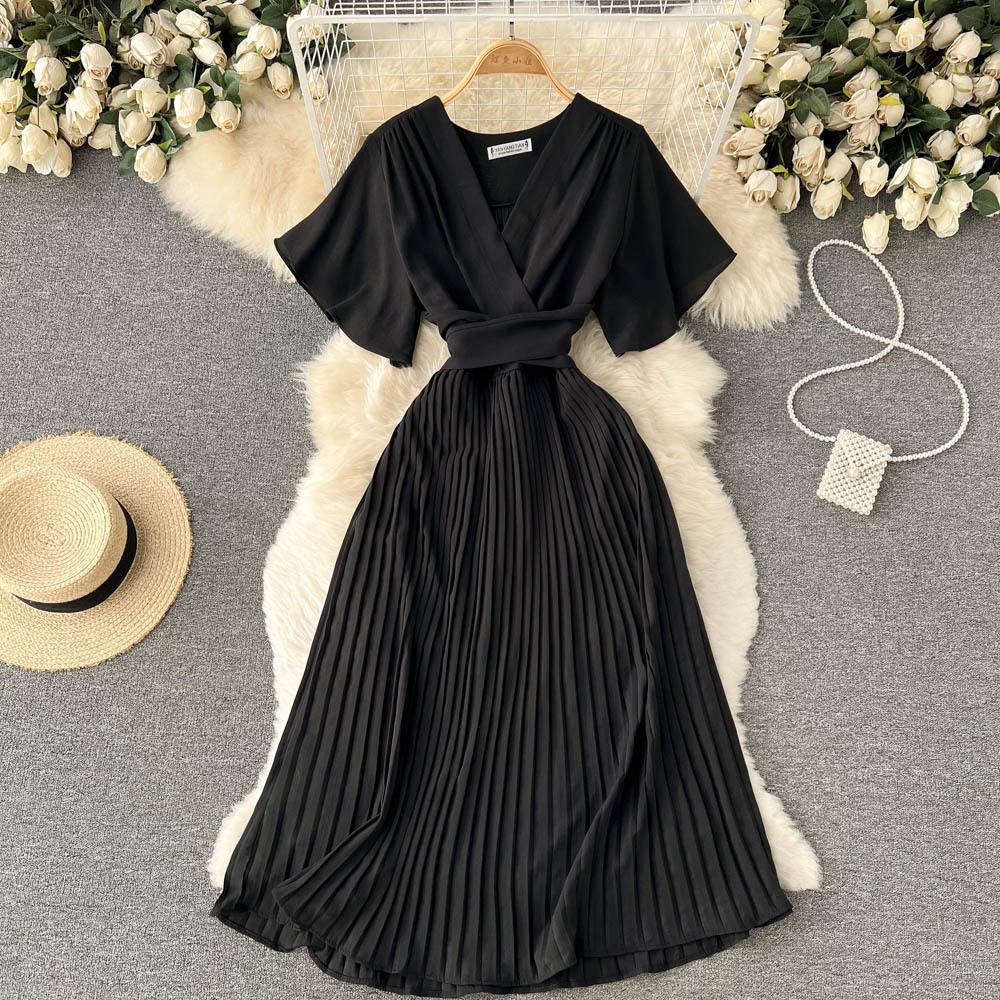 French pleated slim long holiday style chiffon pleated long skirt pure color temperament V-neck dress