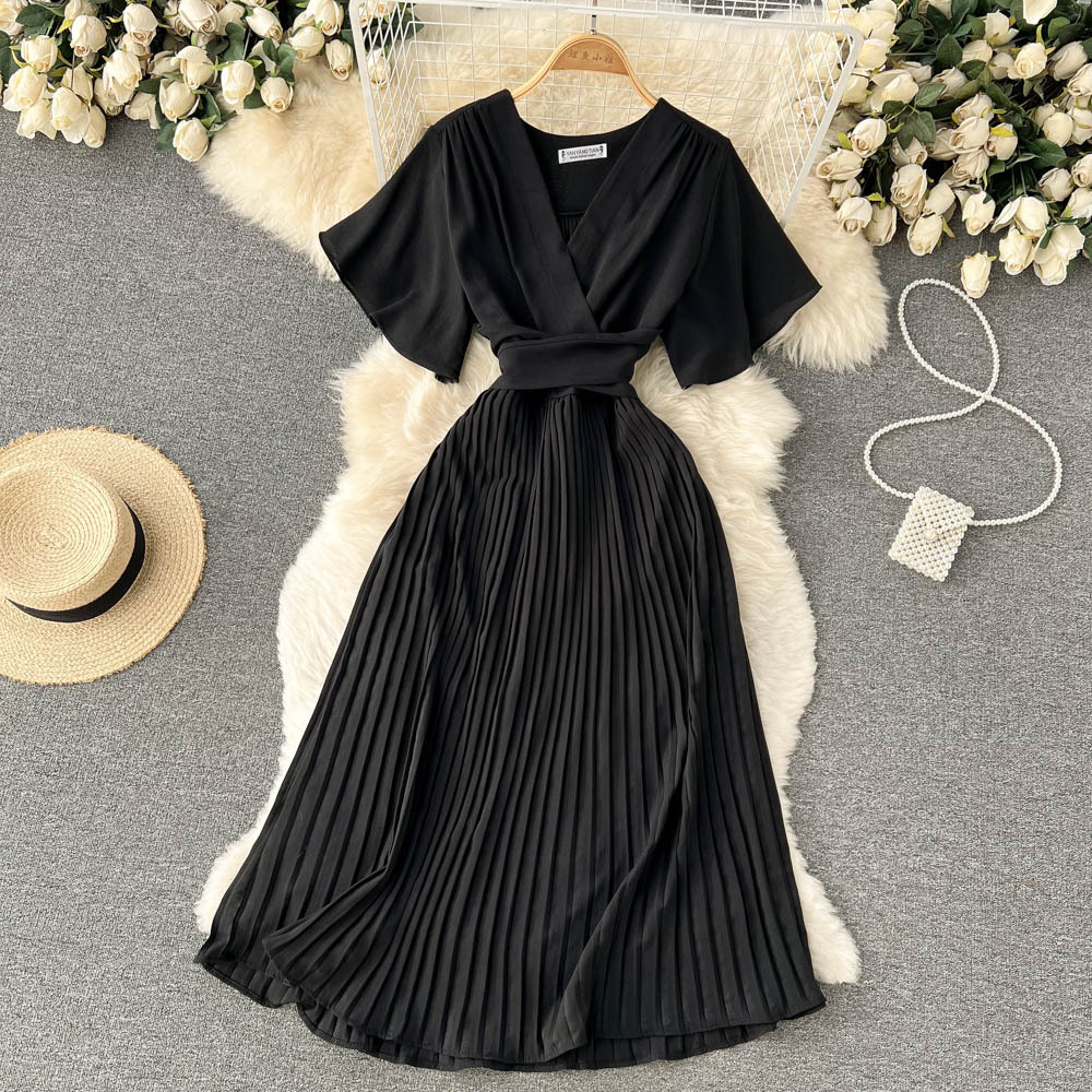 French pleated slim long holiday style chiffon pleated long skirt pure color temperament V-neck dress