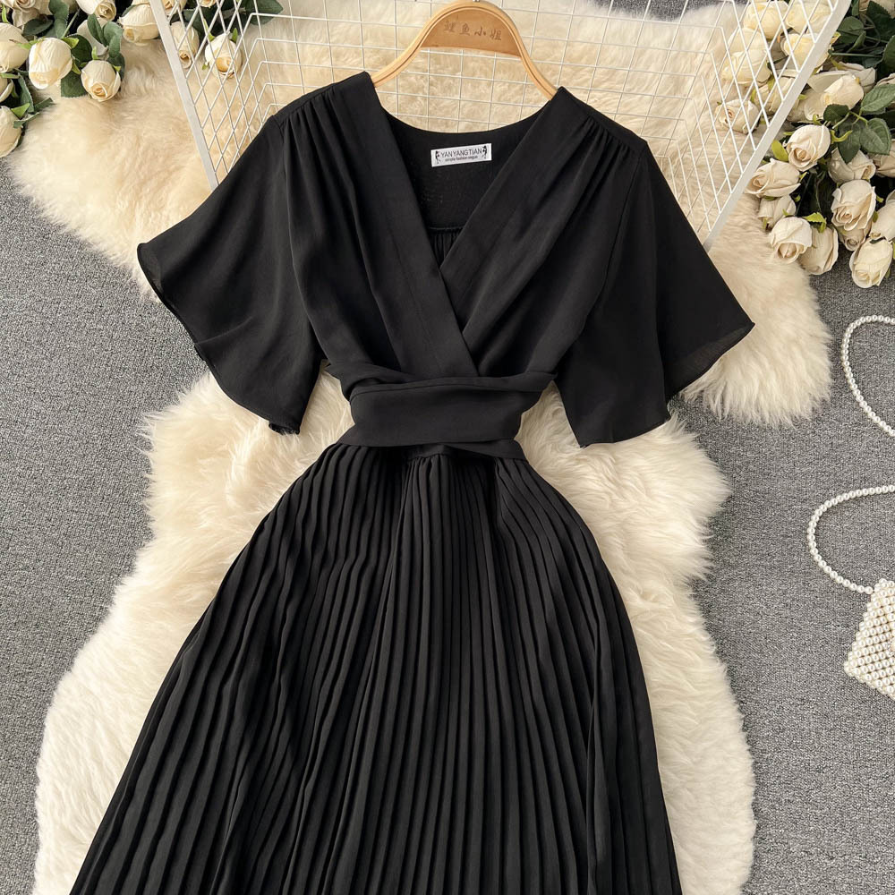 French pleated slim long holiday style chiffon pleated long skirt pure color temperament V-neck dress