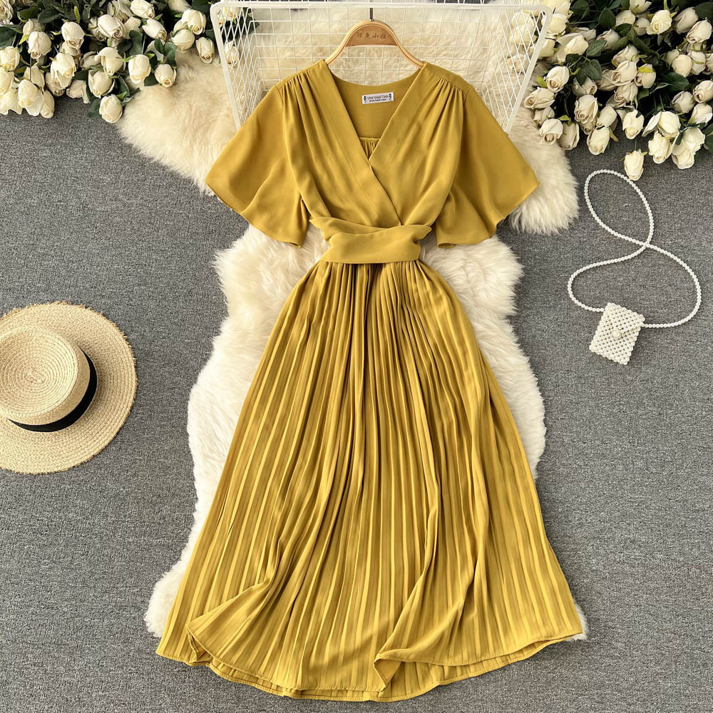 French pleated slim long holiday style chiffon pleated long skirt pure color temperament V-neck dress