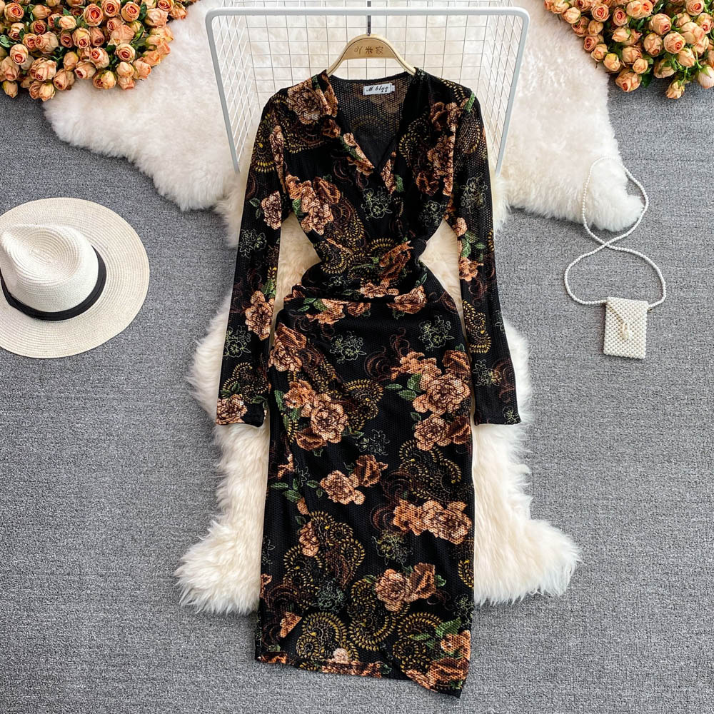 Summer ladies temperament femininity V-neck mesh stretch tight dress fashion slit bag hip dress long skirt