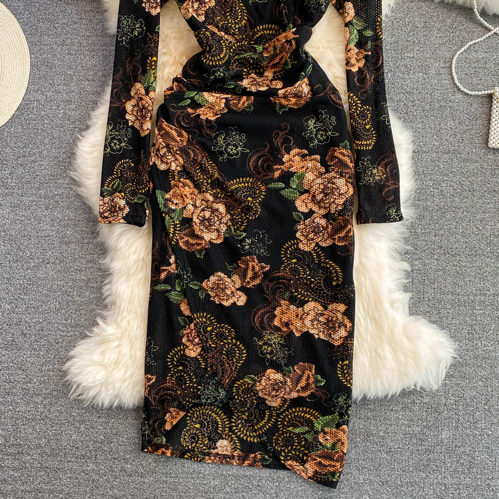 Summer ladies temperament femininity V-neck mesh stretch tight dress fashion slit bag hip dress long skirt