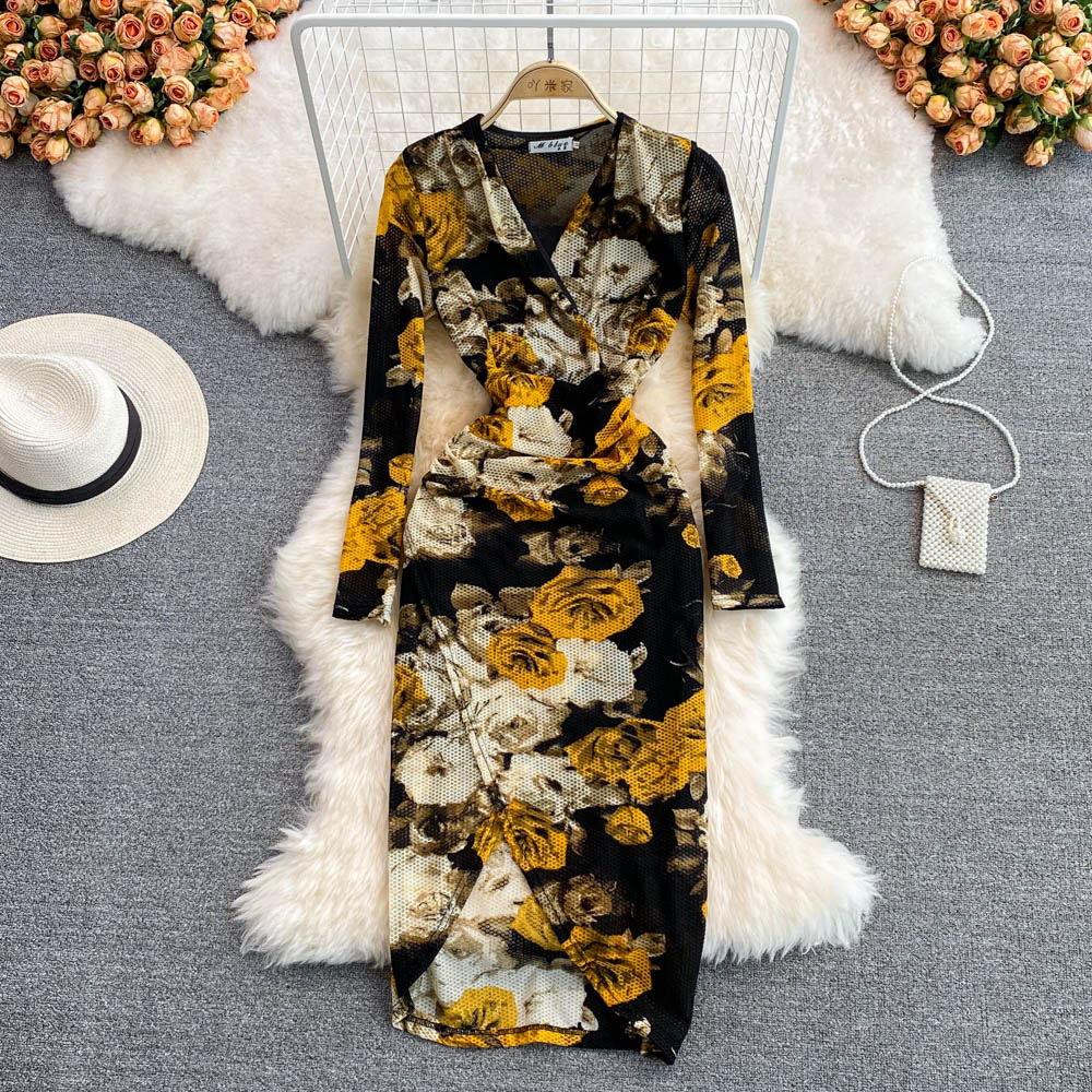 Summer ladies temperament femininity V-neck mesh stretch tight dress fashion slit bag hip dress long skirt