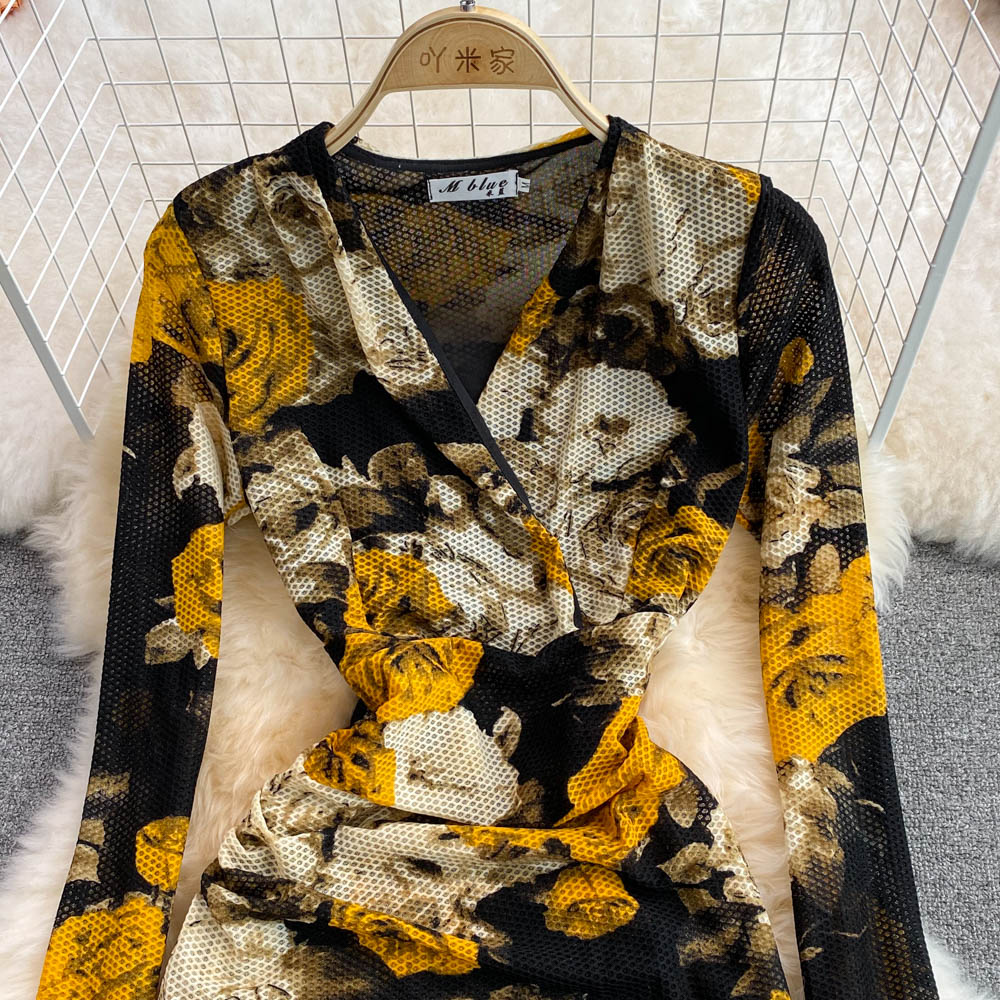 Summer ladies temperament femininity V-neck mesh stretch tight dress fashion slit bag hip dress long skirt