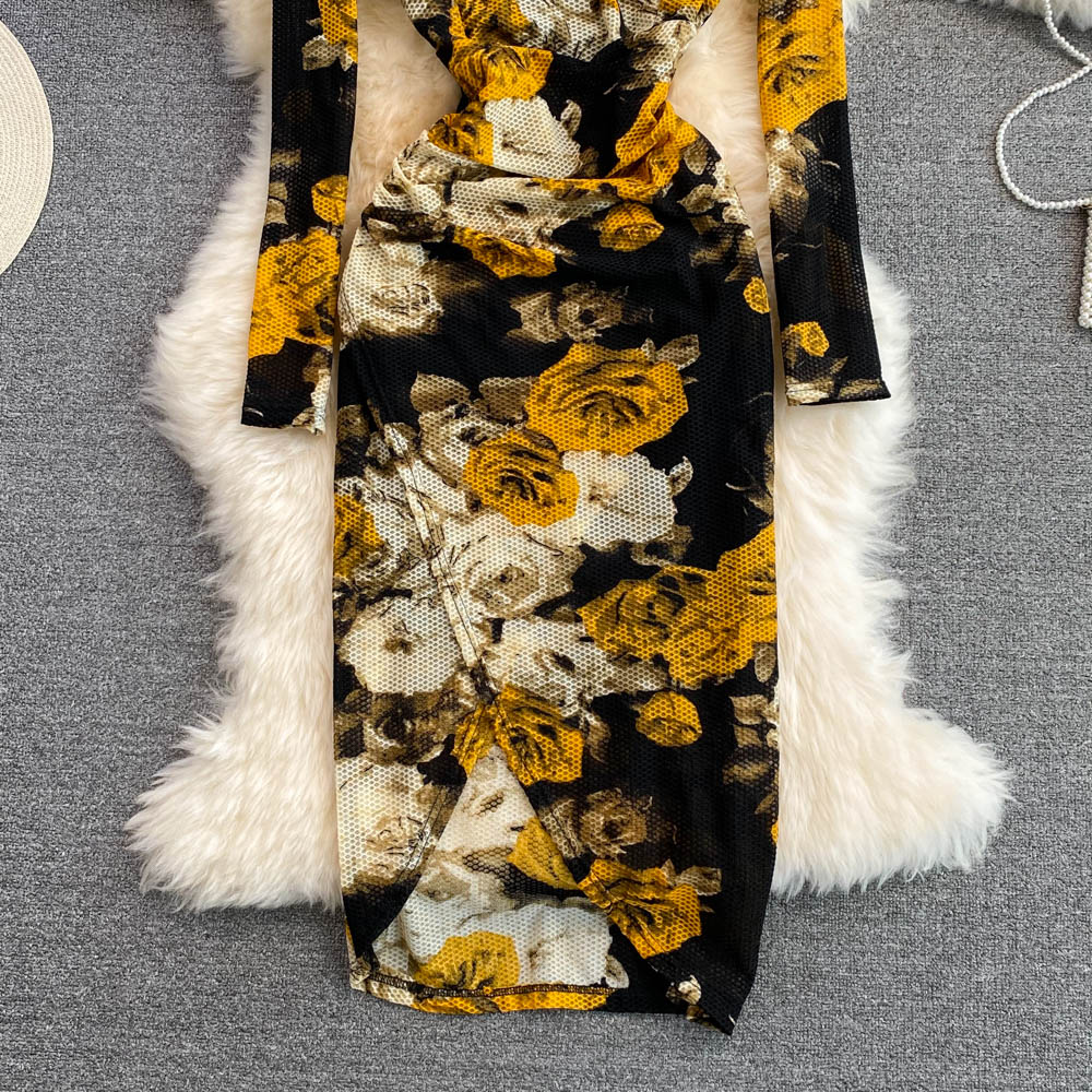 Summer ladies temperament femininity V-neck mesh stretch tight dress fashion slit bag hip dress long skirt