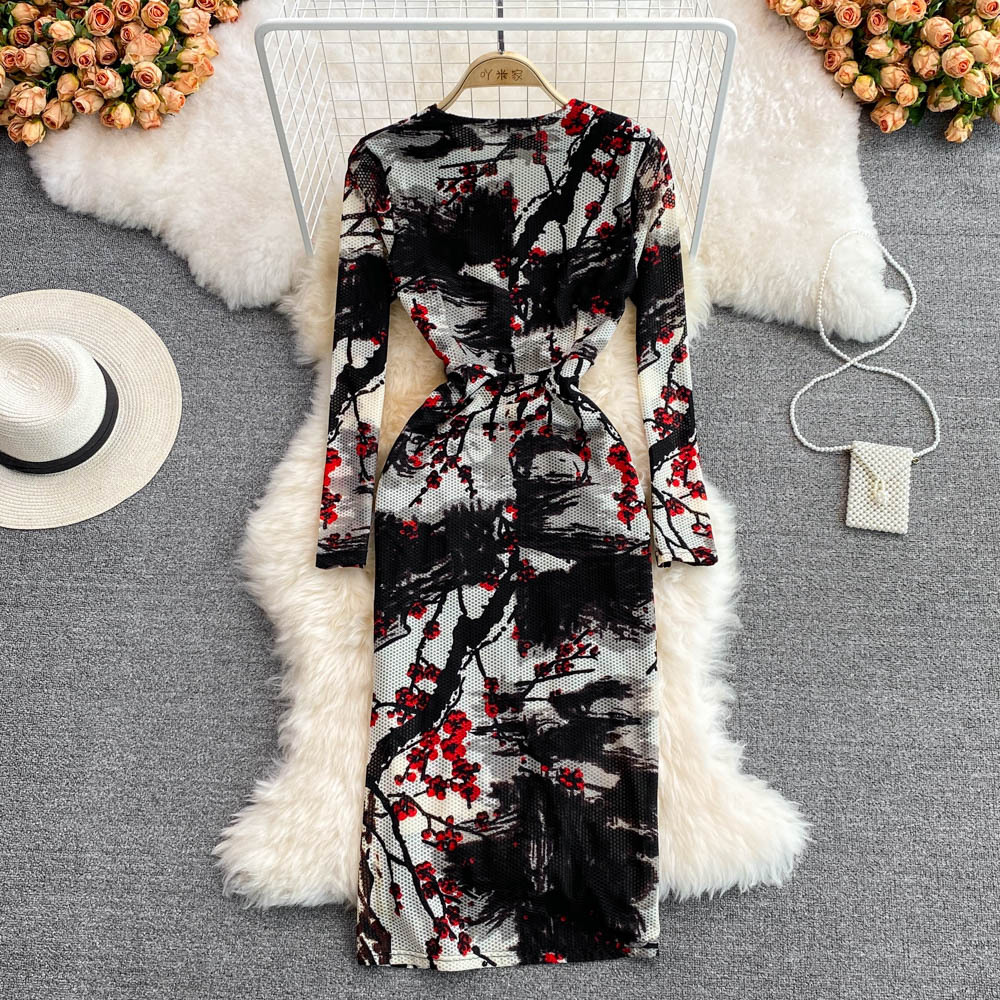 Summer ladies temperament femininity V-neck mesh stretch tight dress fashion slit bag hip dress long skirt