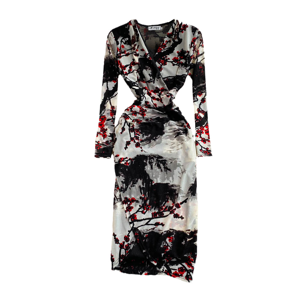 Summer ladies temperament femininity V-neck mesh stretch tight dress fashion slit bag hip dress long skirt