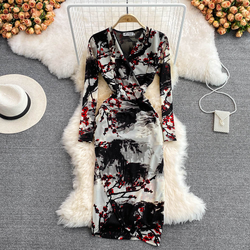Summer ladies temperament femininity V-neck mesh stretch tight dress fashion slit bag hip dress long skirt
