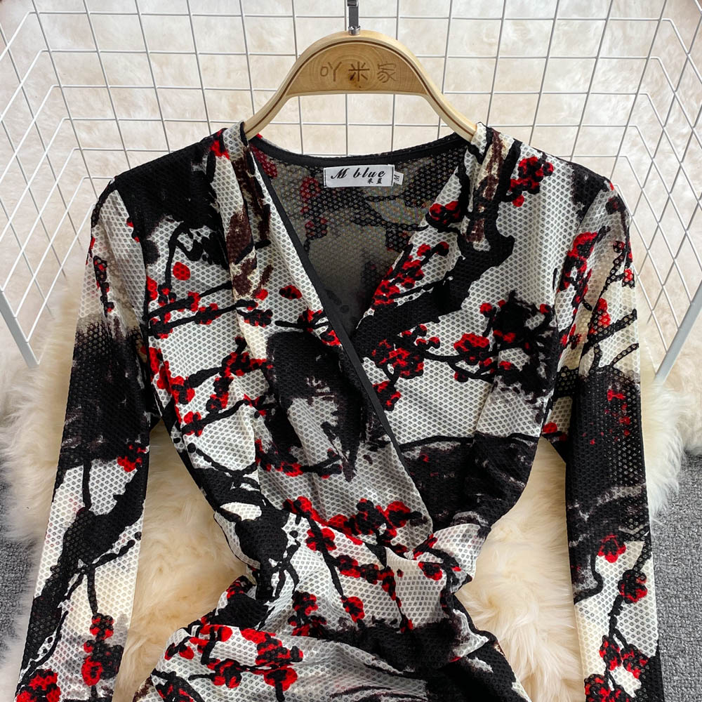 Summer ladies temperament femininity V-neck mesh stretch tight dress fashion slit bag hip dress long skirt