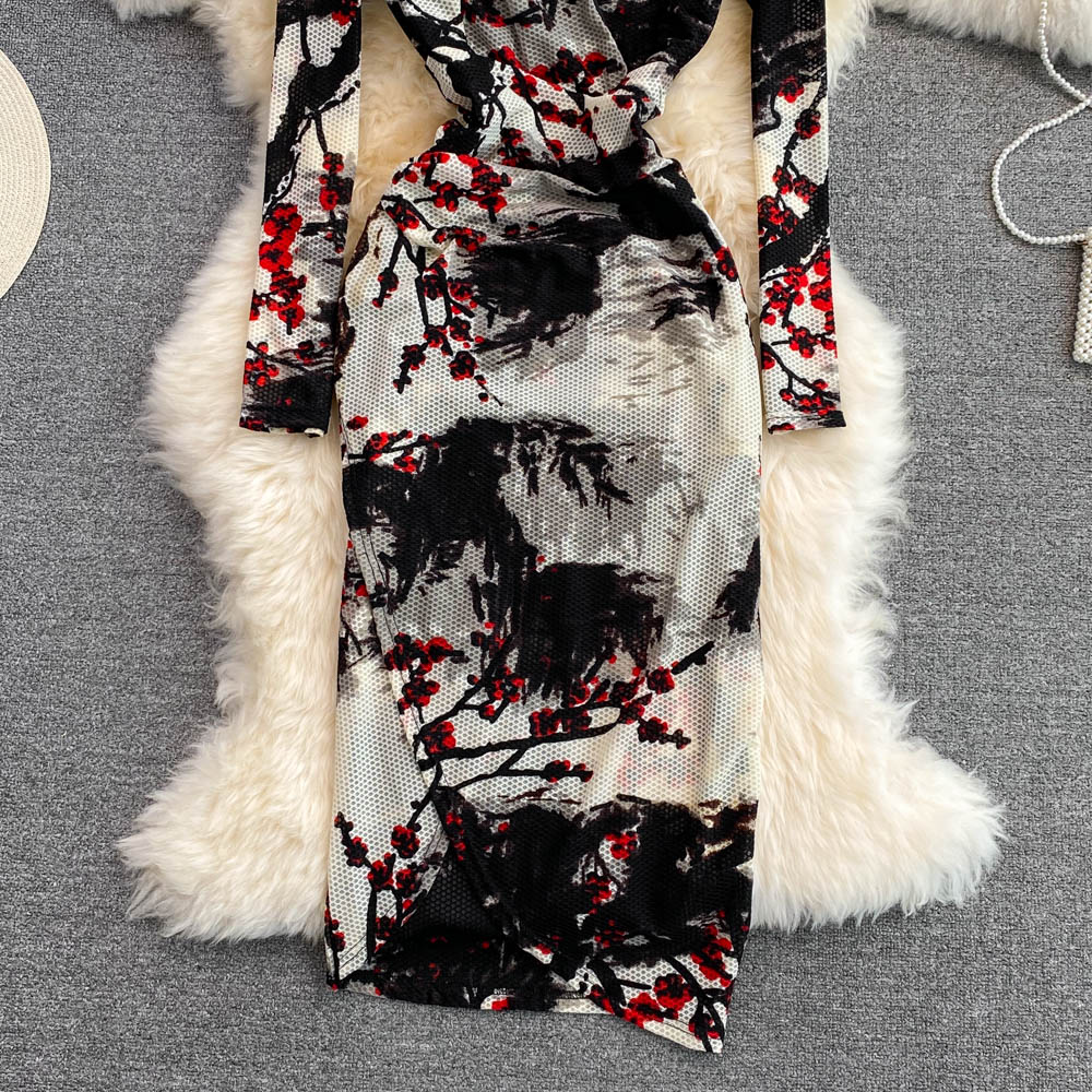 Summer ladies temperament femininity V-neck mesh stretch tight dress fashion slit bag hip dress long skirt