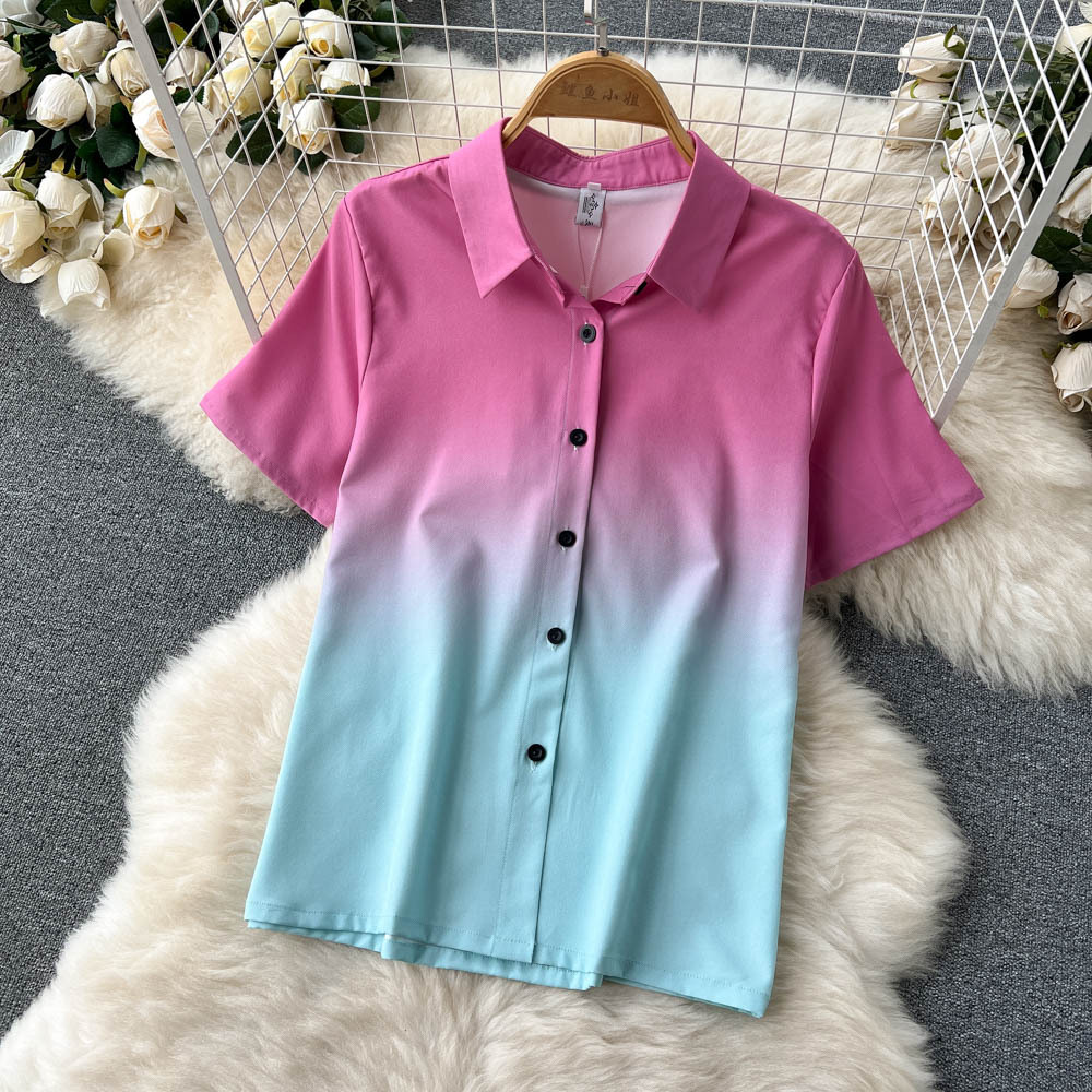 Celebrity temperament suit female short-sleeved gradient shirt design sense niche high-waist casual wide-leg pants two-piece