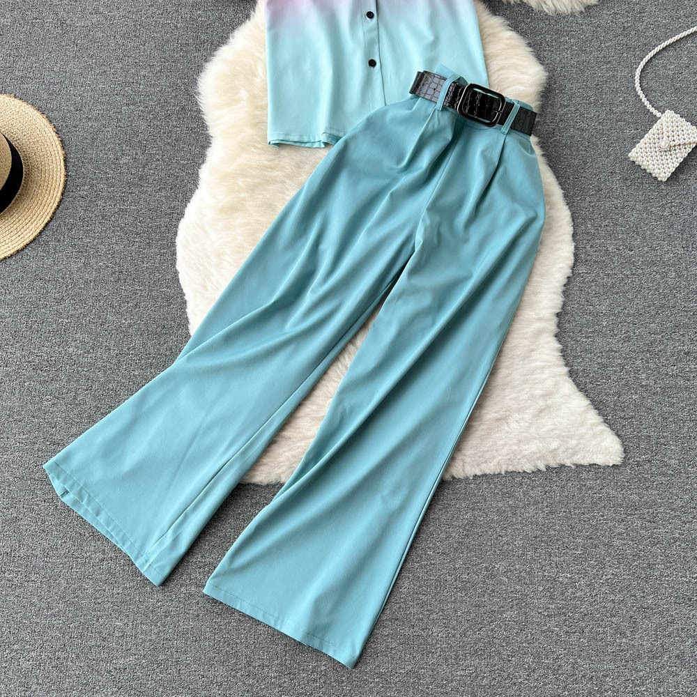 Celebrity temperament suit female short-sleeved gradient shirt design sense niche high-waist casual wide-leg pants two-piece