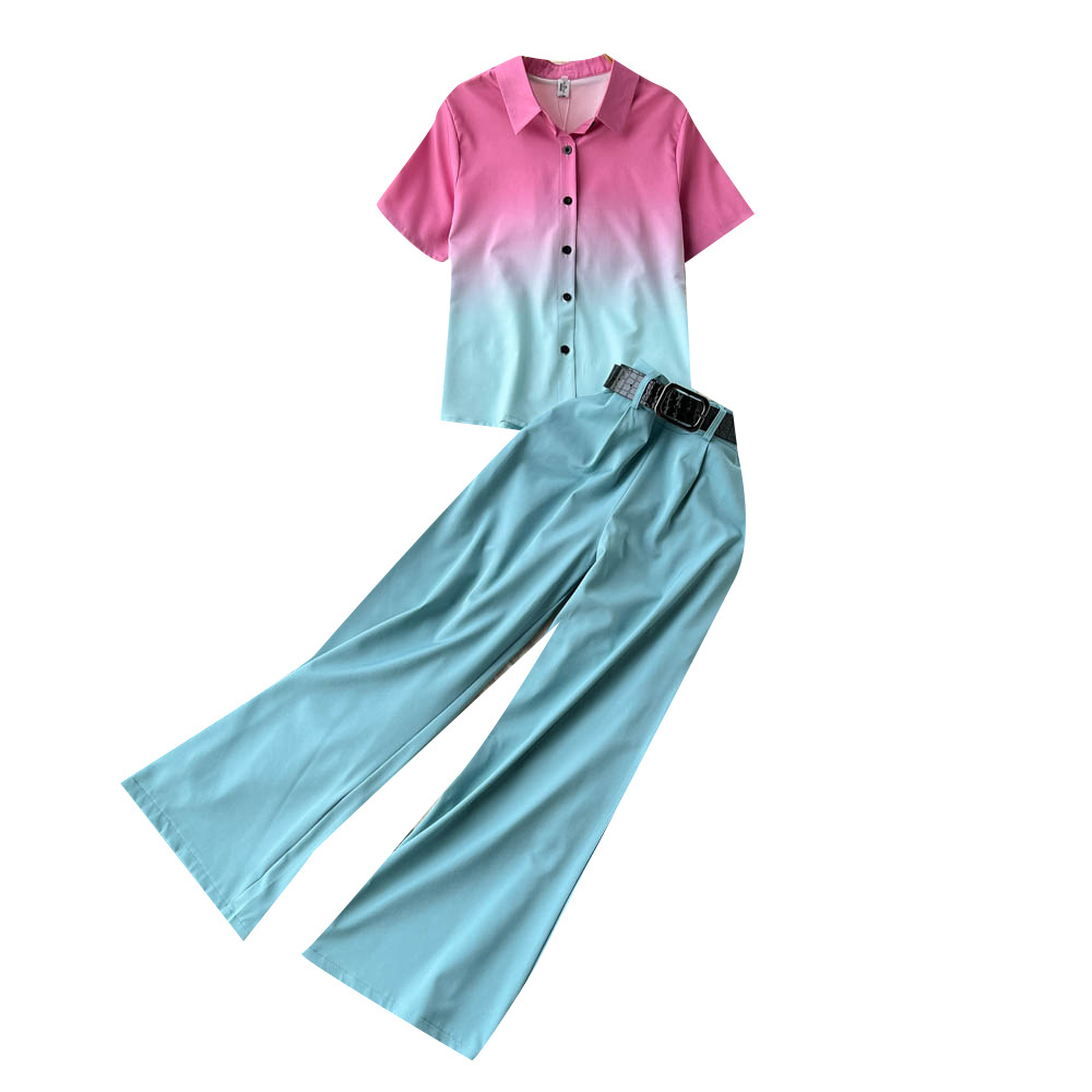 Celebrity temperament suit female short-sleeved gradient shirt design sense niche high-waist casual wide-leg pants two-piece