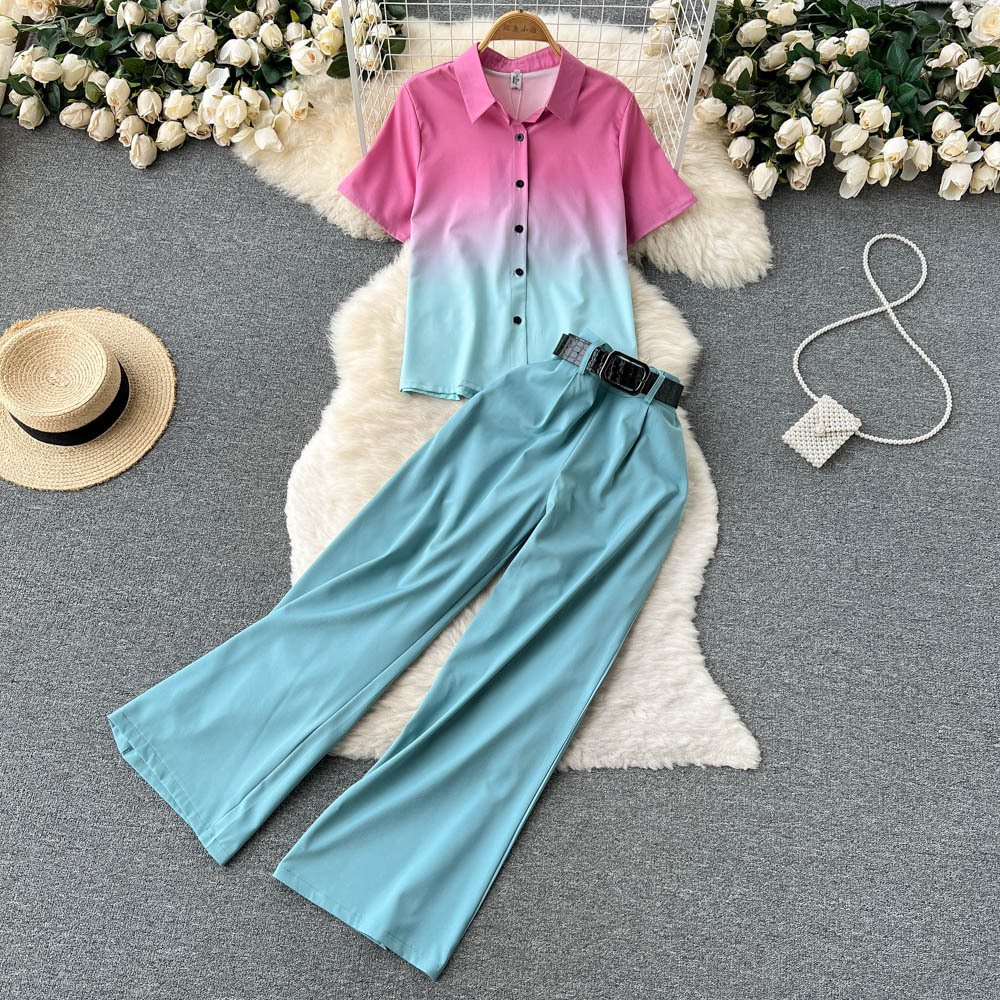 Celebrity temperament suit female short-sleeved gradient shirt design sense niche high-waist casual wide-leg pants two-piece