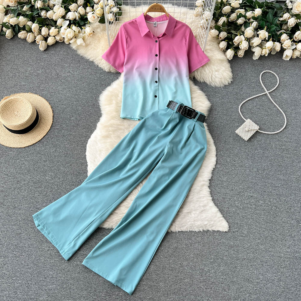 Celebrity temperament suit female short-sleeved gradient shirt design sense niche high-waist casual wide-leg pants two-piece
