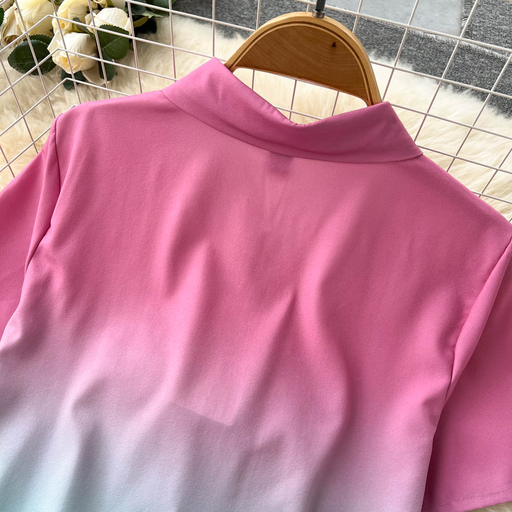 Celebrity temperament suit female short-sleeved gradient shirt design sense niche high-waist casual wide-leg pants two-piece