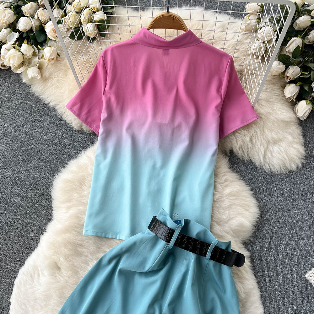 Celebrity temperament suit female short-sleeved gradient shirt design sense niche high-waist casual wide-leg pants two-piece