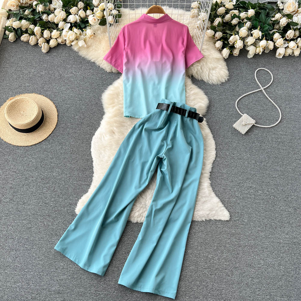 Celebrity temperament suit female short-sleeved gradient shirt design sense niche high-waist casual wide-leg pants two-piece