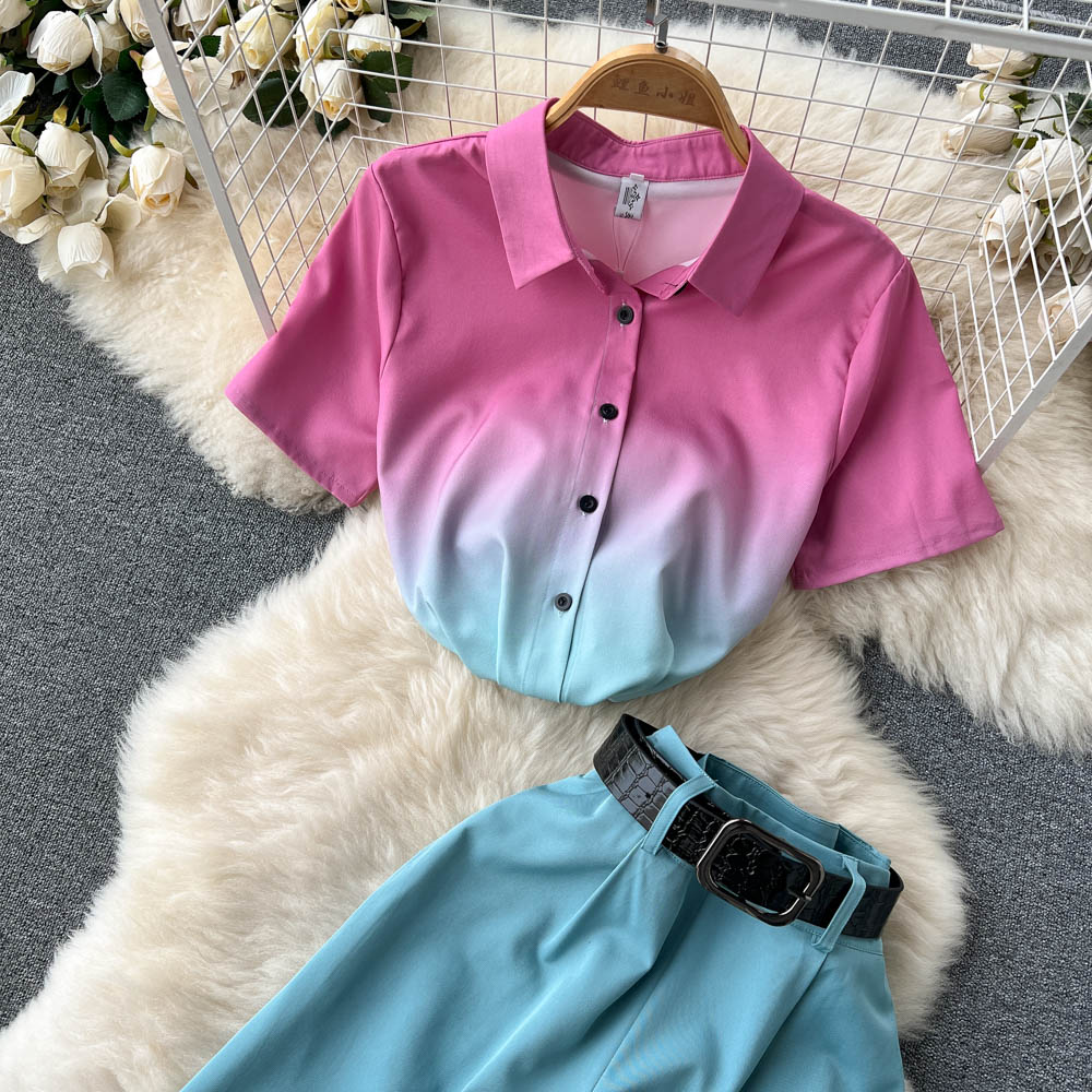 Celebrity temperament suit female short-sleeved gradient shirt design sense niche high-waist casual wide-leg pants two-piece