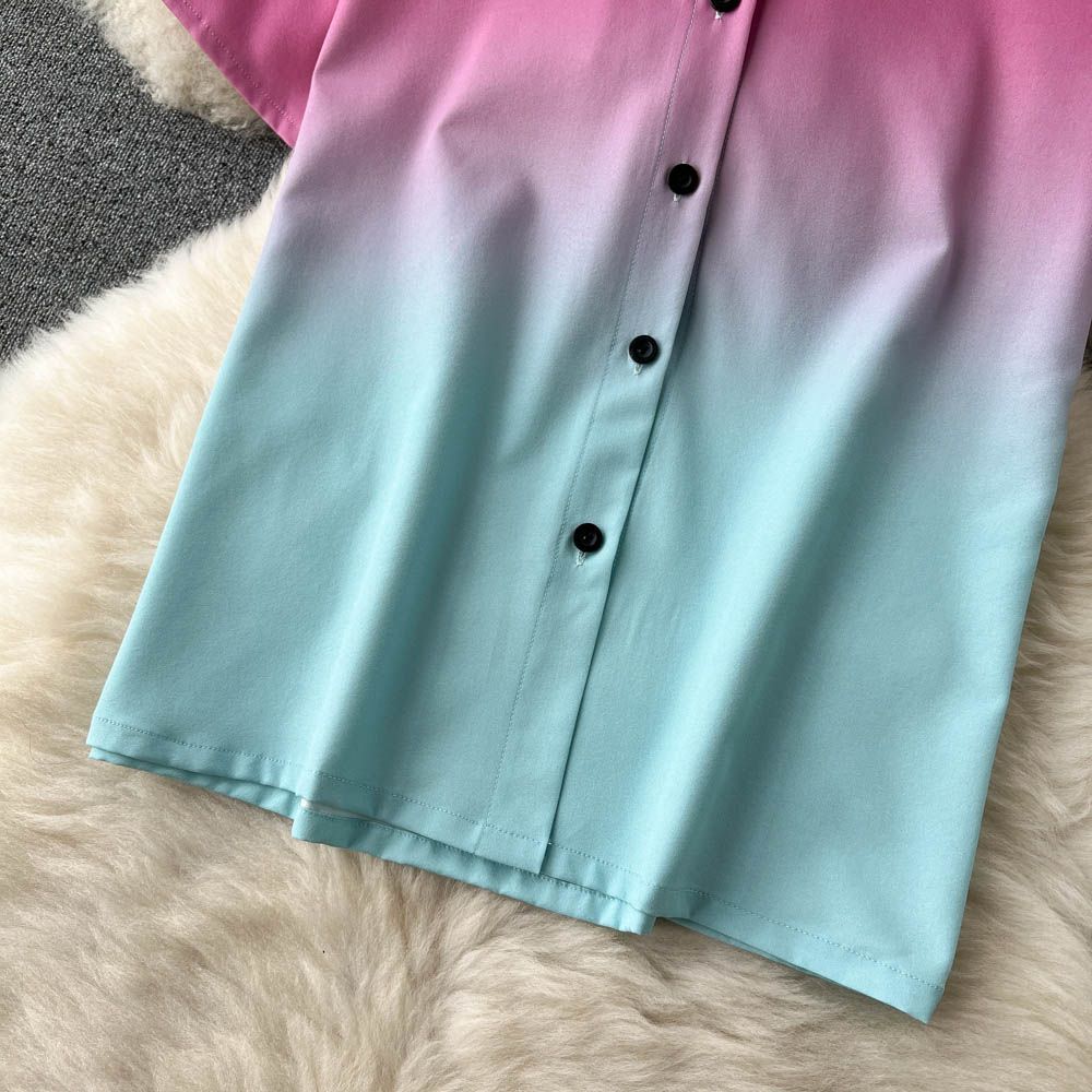 Celebrity temperament suit female short-sleeved gradient shirt design sense niche high-waist casual wide-leg pants two-piece