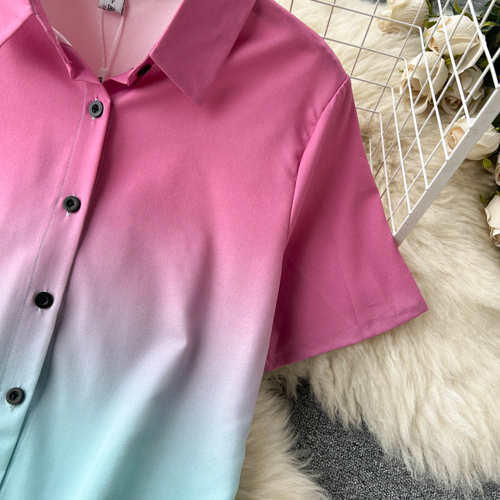 Celebrity temperament suit female short-sleeved gradient shirt design sense niche high-waist casual wide-leg pants two-piece