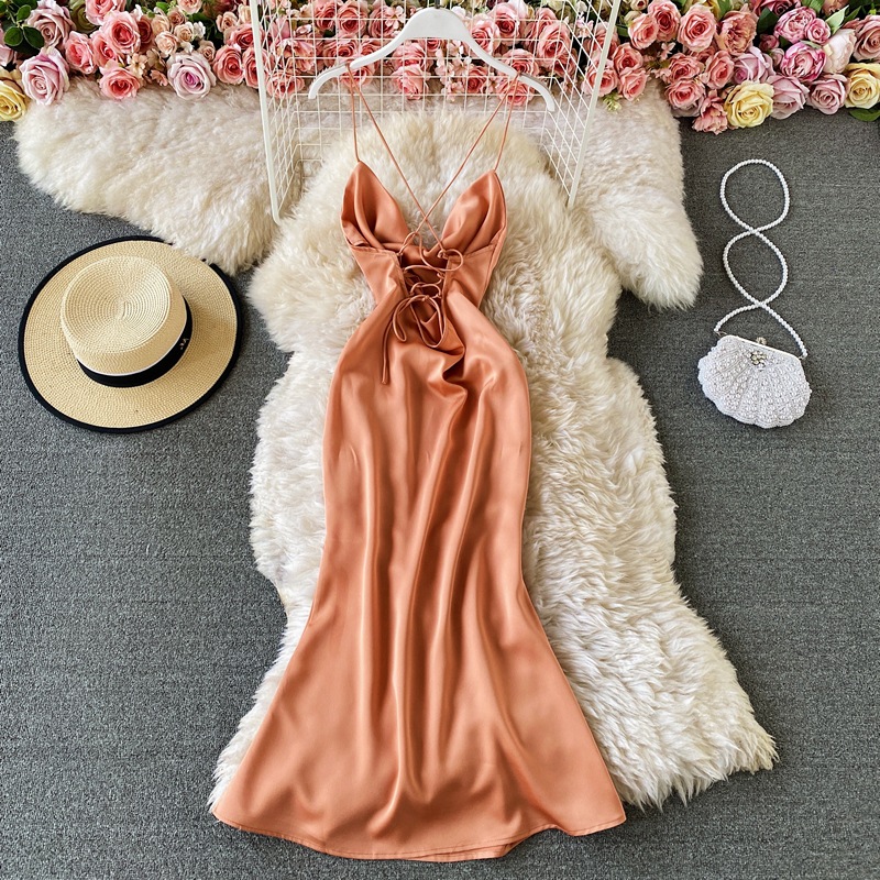 Summer Bali Beach Dress Seaside Sexy Backless Holiday clothing Thin Satin Swing Collar Sling Dress