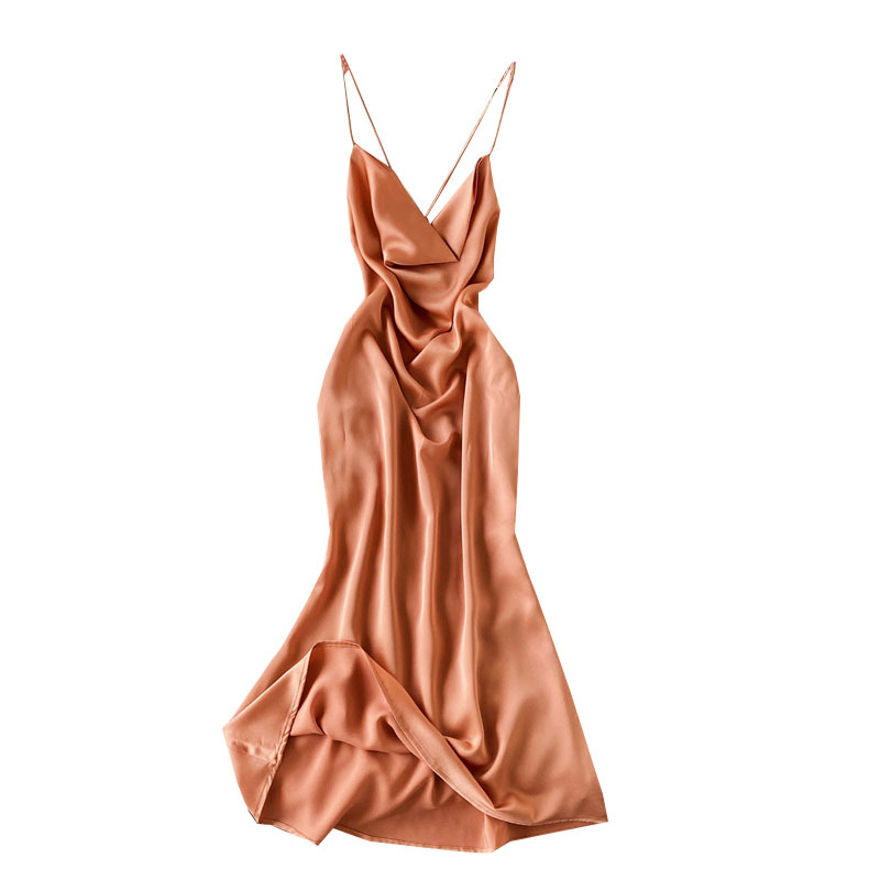 Summer Bali Beach Dress Seaside Sexy Backless Holiday clothing Thin Satin Swing Collar Sling Dress