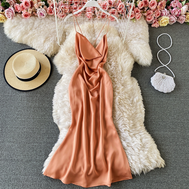 Summer Bali Beach Dress Seaside Sexy Backless Holiday clothing Thin Satin Swing Collar Sling Dress