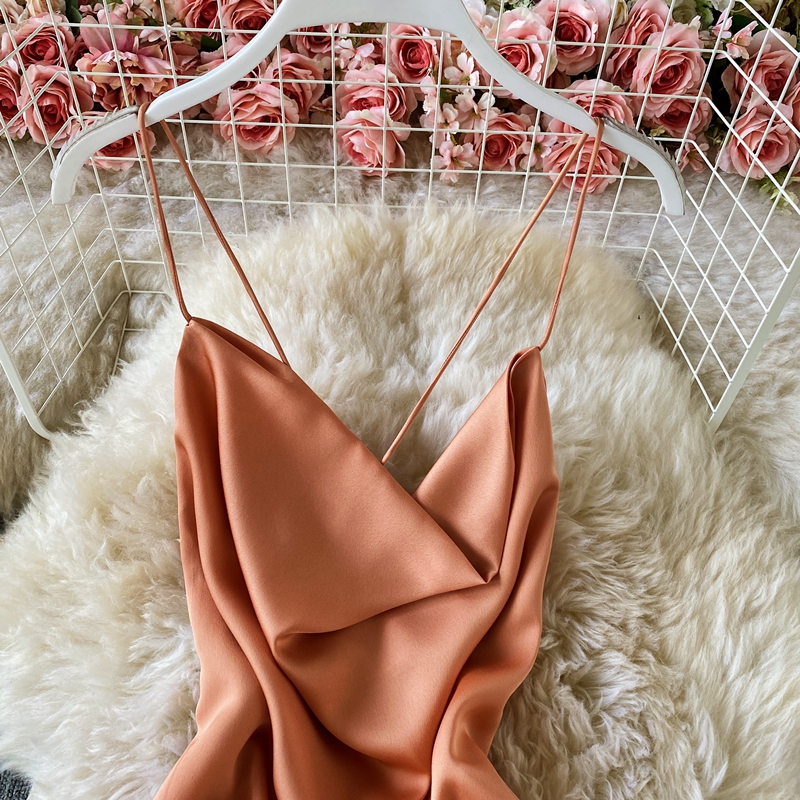 Summer Bali Beach Dress Seaside Sexy Backless Holiday clothing Thin Satin Swing Collar Sling Dress