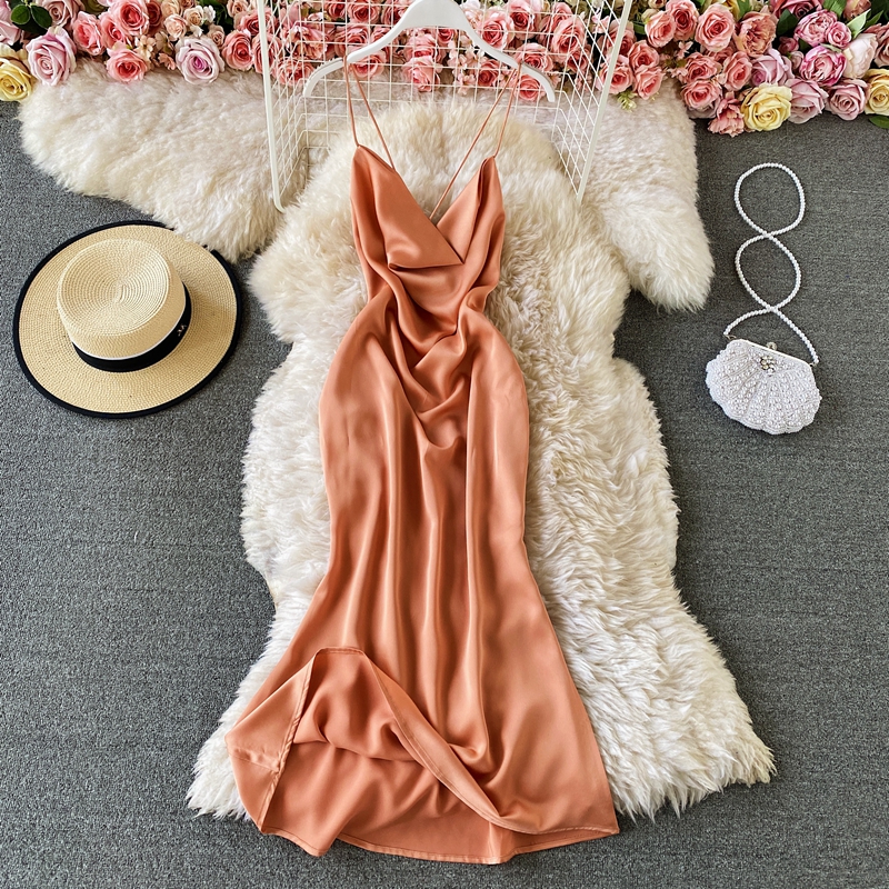 Summer Bali Beach Dress Seaside Sexy Backless Holiday clothing Thin Satin Swing Collar Sling Dress