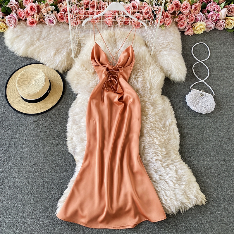 Summer Bali Beach Dress Seaside Sexy Backless Holiday clothing Thin Satin Swing Collar Sling Dress