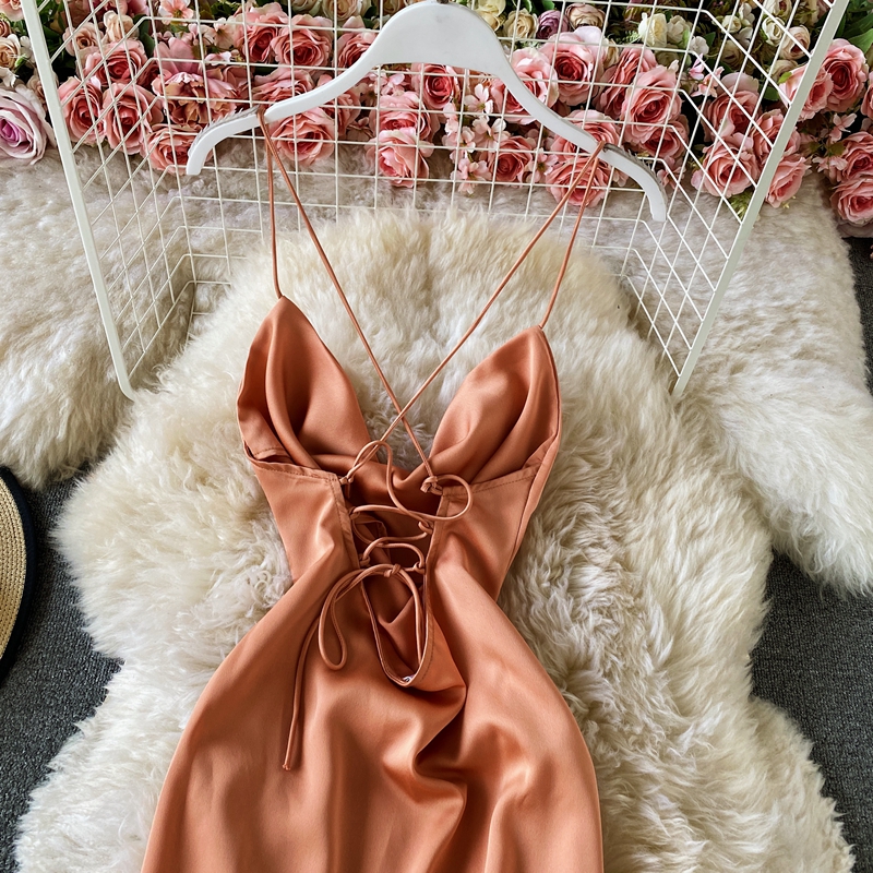 Summer Bali Beach Dress Seaside Sexy Backless Holiday clothing Thin Satin Swing Collar Sling Dress