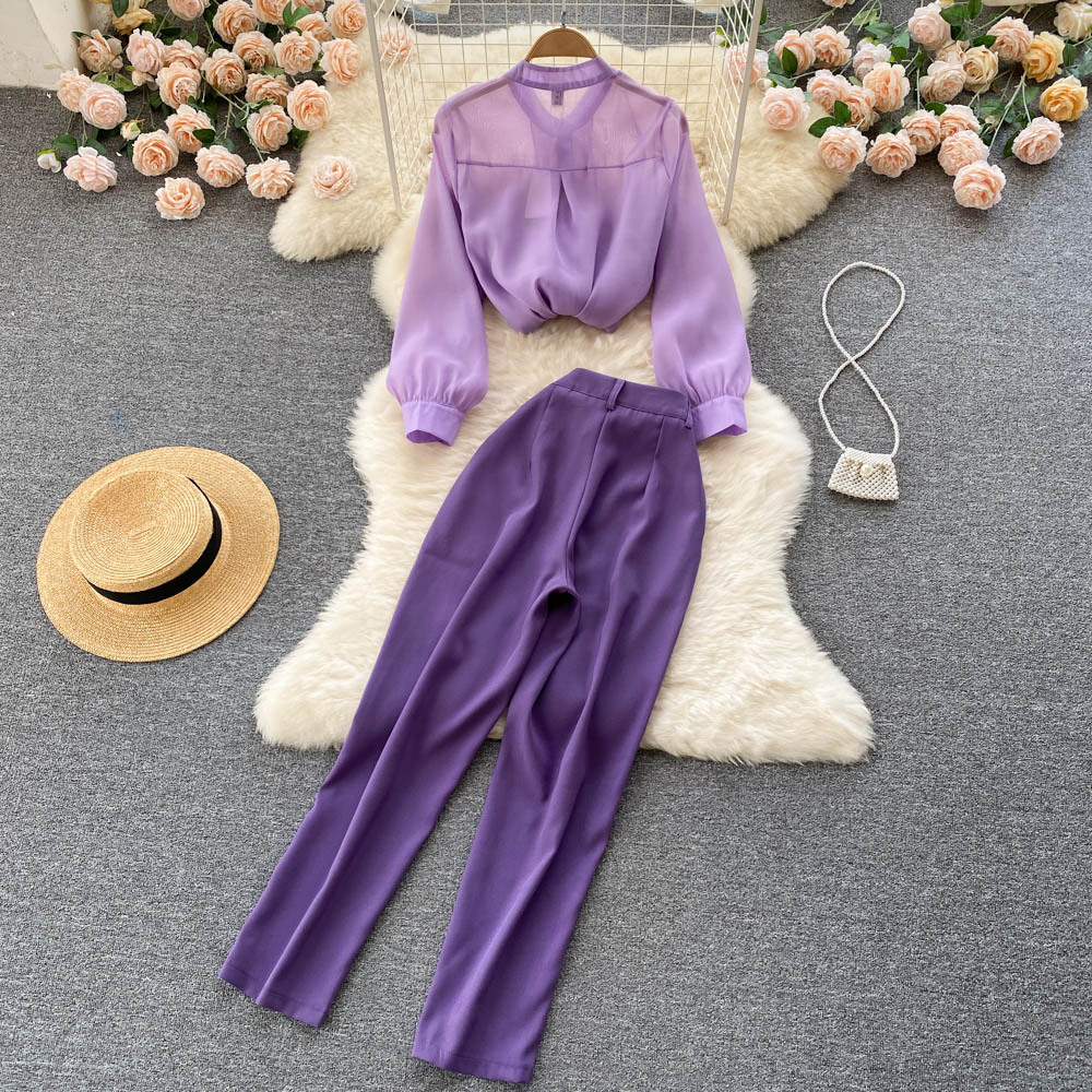 Spring long-sleeved chiffon shirt vertical straight tube wide-leg pants two-piece set suit