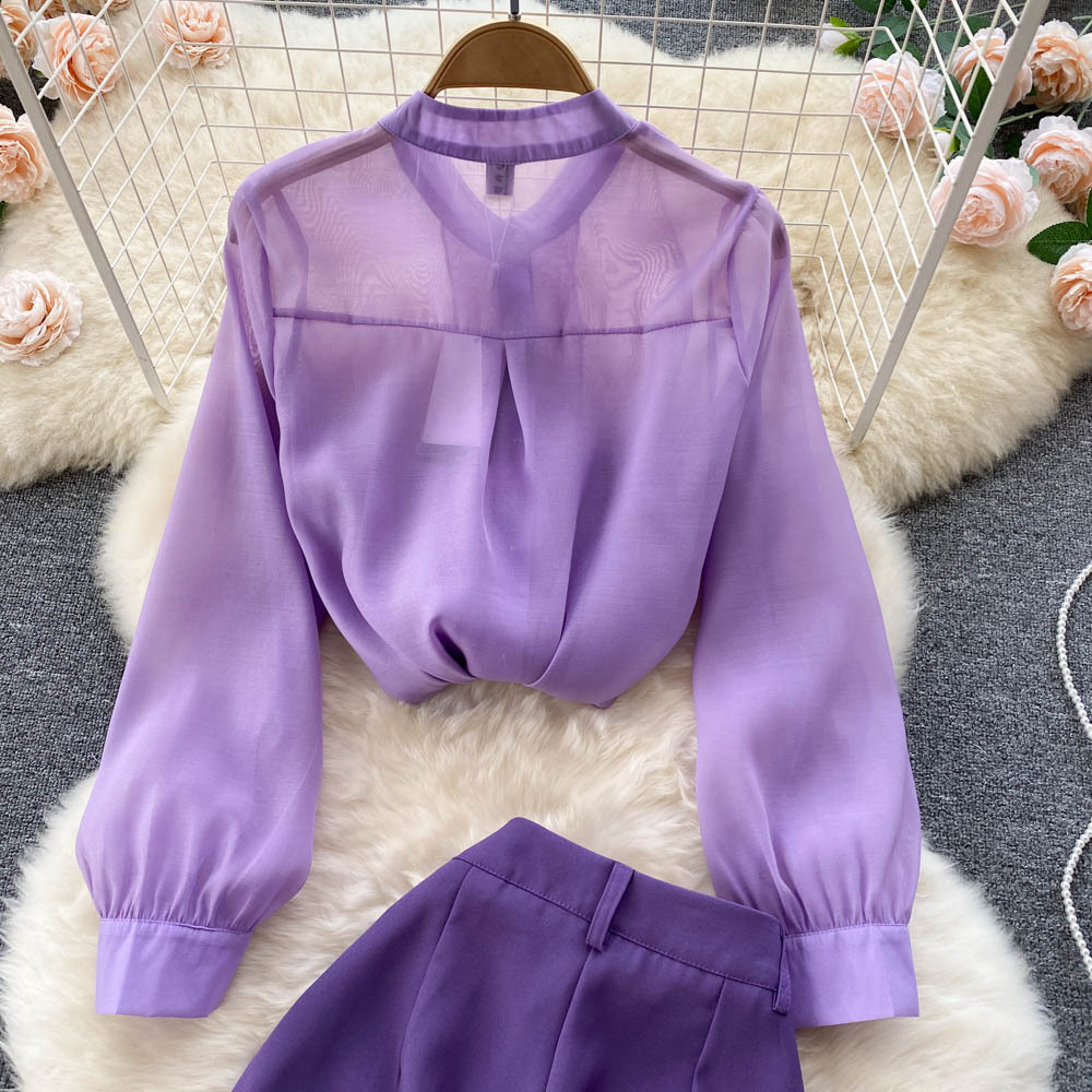 Spring long-sleeved chiffon shirt vertical straight tube wide-leg pants two-piece set suit