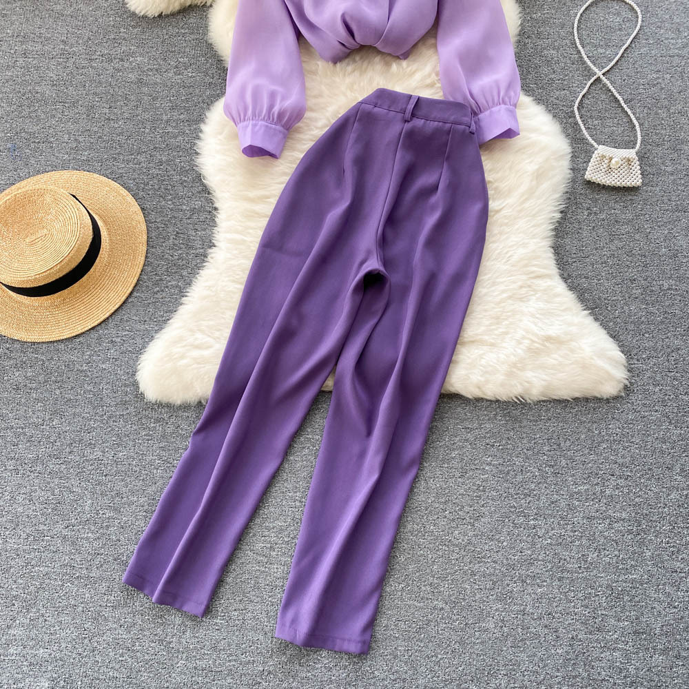 Spring long-sleeved chiffon shirt vertical straight tube wide-leg pants two-piece set suit