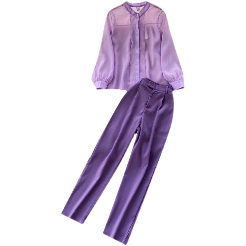 Spring long-sleeved chiffon shirt vertical straight tube wide-leg pants two-piece set suit