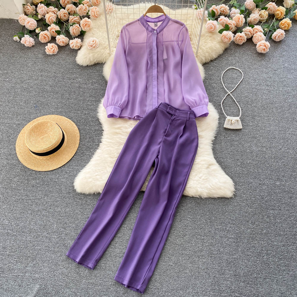 Spring long-sleeved chiffon shirt vertical straight tube wide-leg pants two-piece set suit
