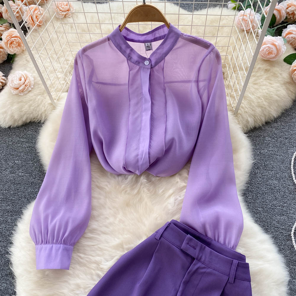 Spring long-sleeved chiffon shirt vertical straight tube wide-leg pants two-piece set suit