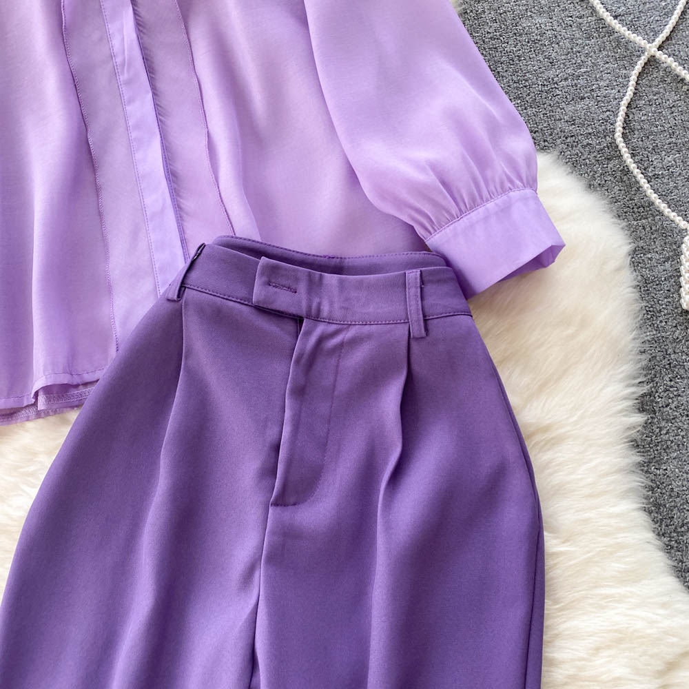 Spring long-sleeved chiffon shirt vertical straight tube wide-leg pants two-piece set suit