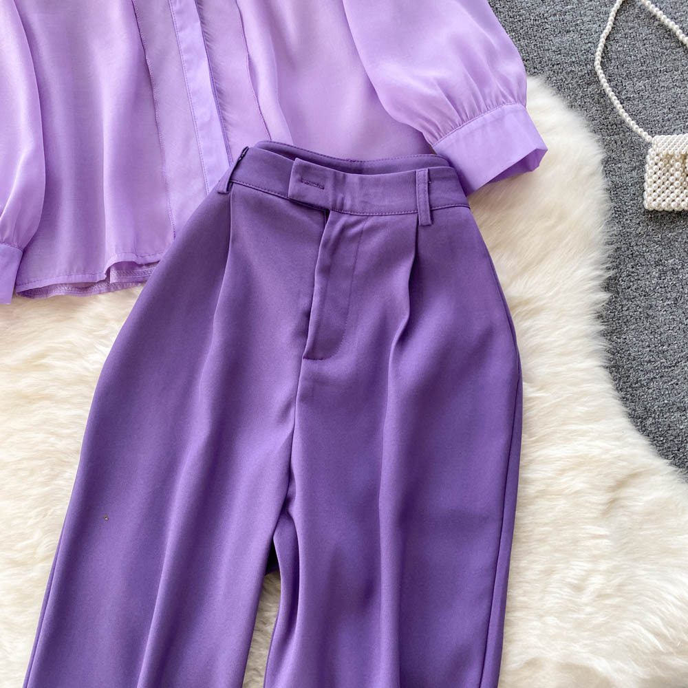 Spring long-sleeved chiffon shirt vertical straight tube wide-leg pants two-piece set suit