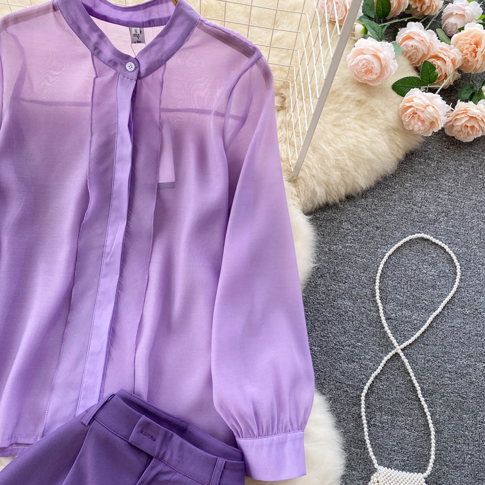 Spring long-sleeved chiffon shirt vertical straight tube wide-leg pants two-piece set suit
