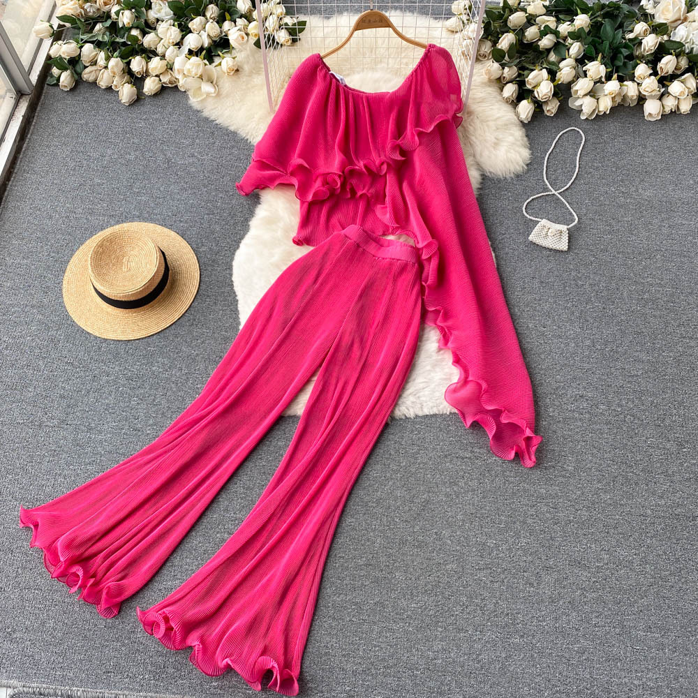 Travel vacation style suit female irregular fungus edge off-shoulder temperament top + high waist wide leg trousers two-piece set