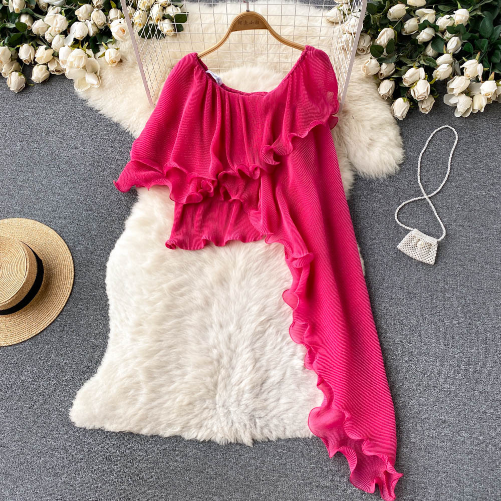 Travel vacation style suit female irregular fungus edge off-shoulder temperament top + high waist wide leg trousers two-piece set