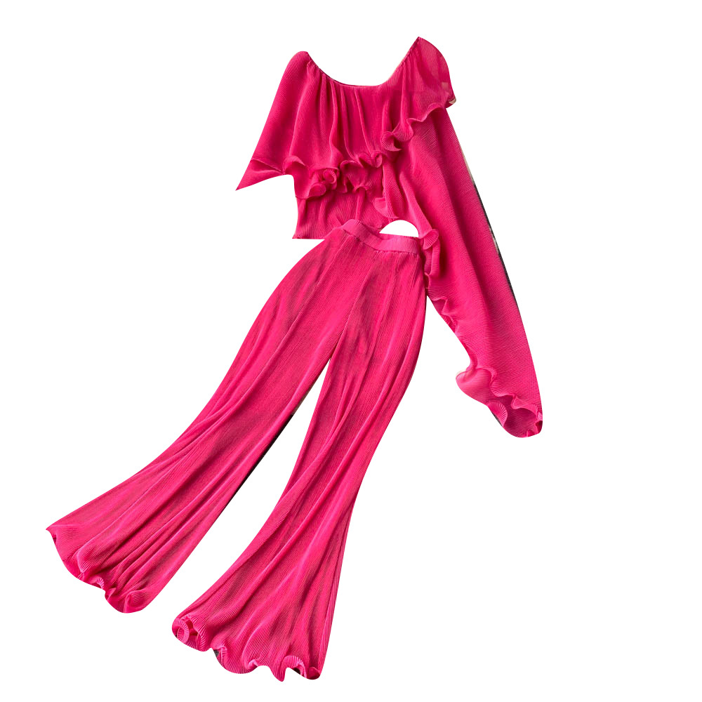 Travel vacation style suit female irregular fungus edge off-shoulder temperament top + high waist wide leg trousers two-piece set