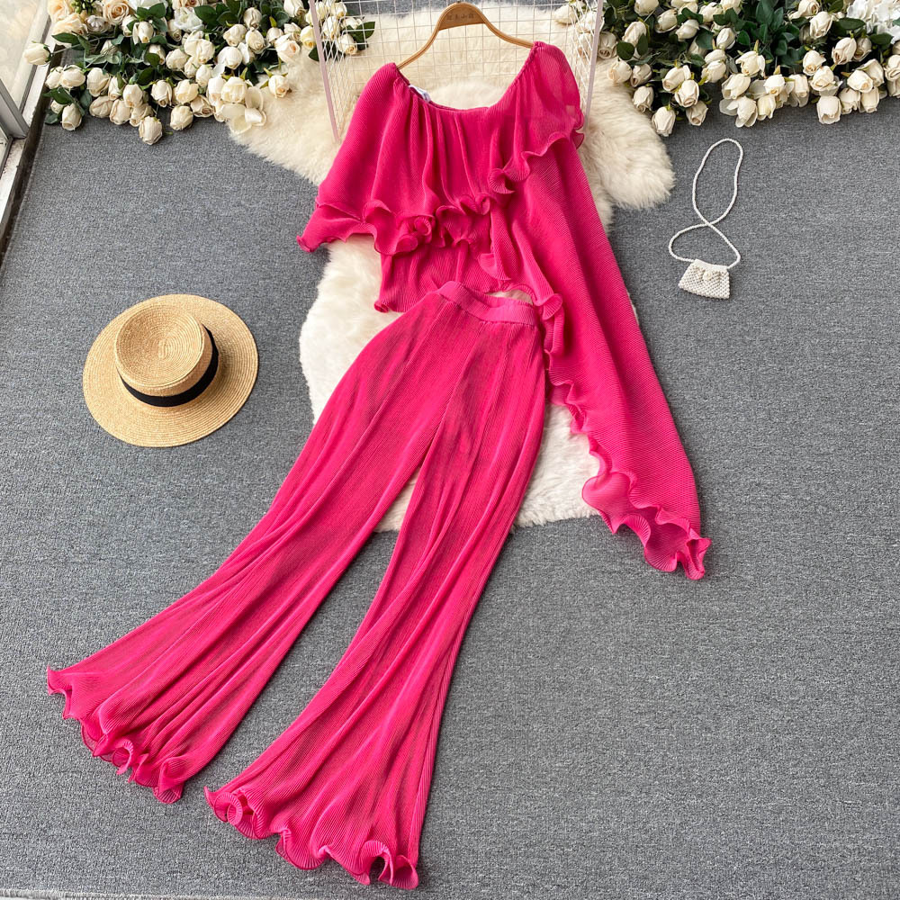 Travel vacation style suit female irregular fungus edge off-shoulder temperament top + high waist wide leg trousers two-piece set