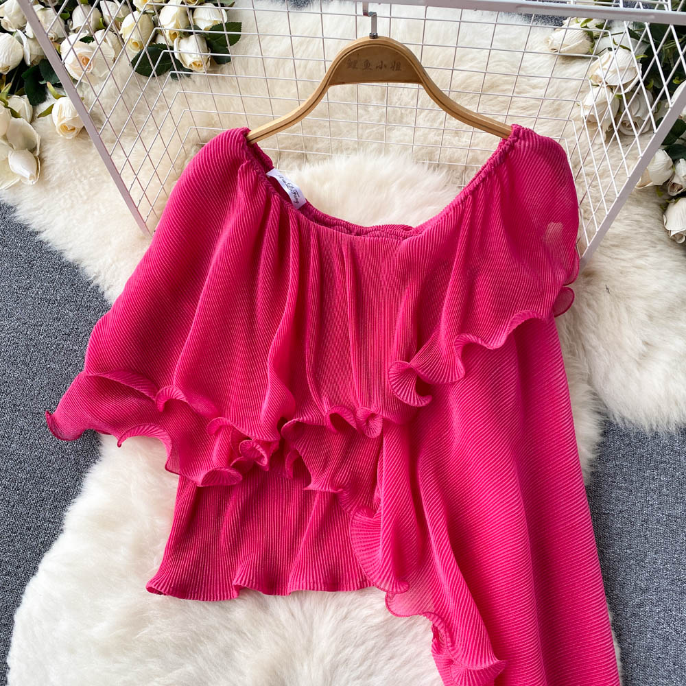 Travel vacation style suit female irregular fungus edge off-shoulder temperament top + high waist wide leg trousers two-piece set