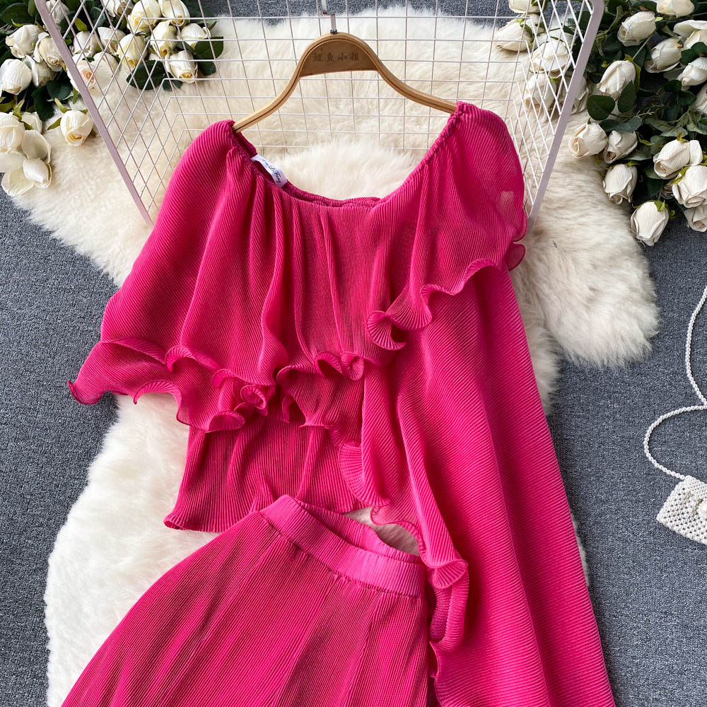 Travel vacation style suit female irregular fungus edge off-shoulder temperament top + high waist wide leg trousers two-piece set