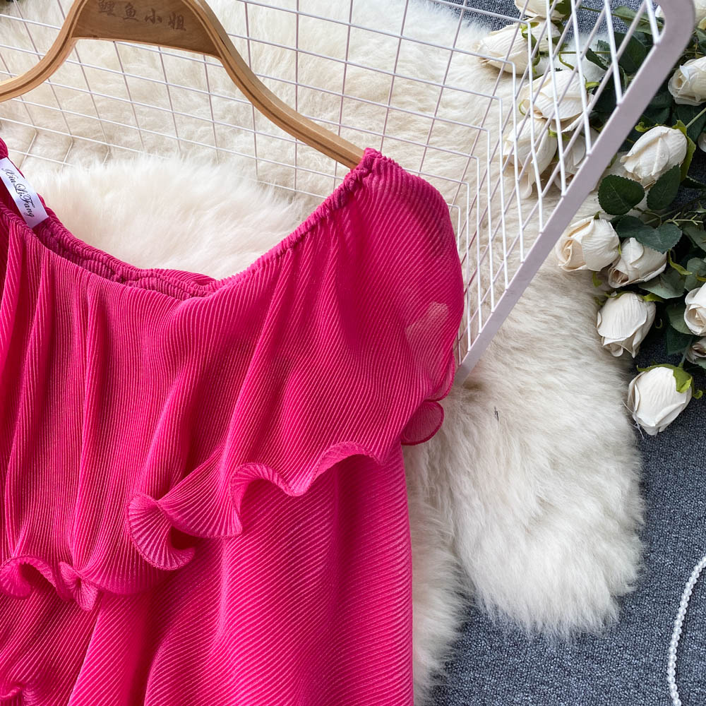 Travel vacation style suit female irregular fungus edge off-shoulder temperament top + high waist wide leg trousers two-piece set